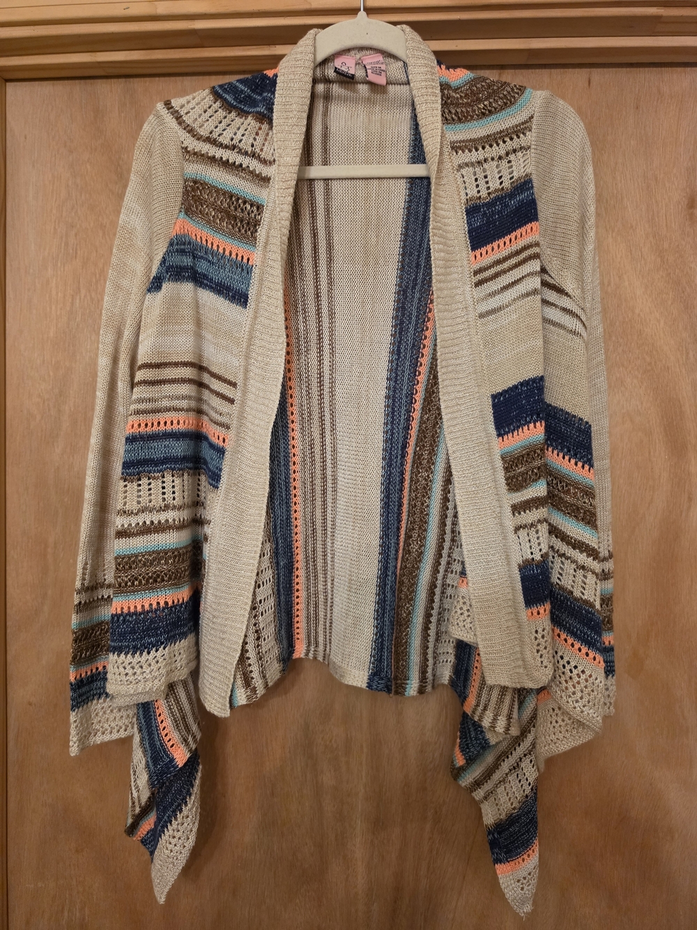 Love on a Hanger Beige Open-Front Knit Cardigan with Multicolor Stripes